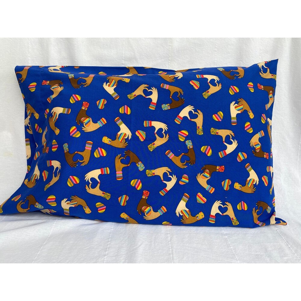 Blue Pillowcase w/ BIPOC Hands Making Hearts w/ Rainbow Hearts | Handmade